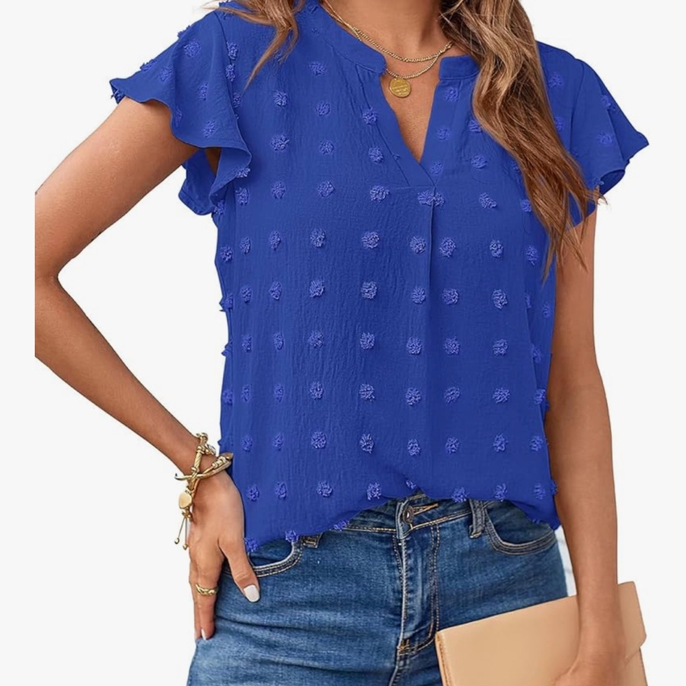 Blue Flutter Sleeve Blouse with Mandarin Collar
